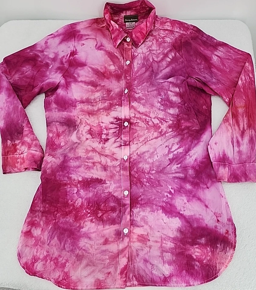 Tommy Bahama Crinkled Women XL Boyfriend Shirt Swim Cover Up Procion Ice Tie Dye - Image 3 of 4