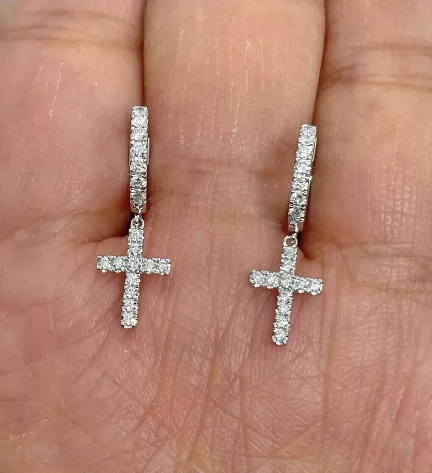1.00Ct Round Real Moissanite Cross Drop & Dangle Earrings 14K White Gold Plated - Image 4 of 4