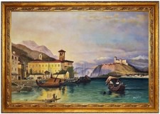QUADRO OLIO Arona, Castello di Angera, Lago Maggiore, Edward Aring DIPINTO A MANO F:60x90cm