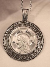 Etched Head of Christ Cross Slope Swirl Rim Rnd Metal Beaded Silvertn Necklace