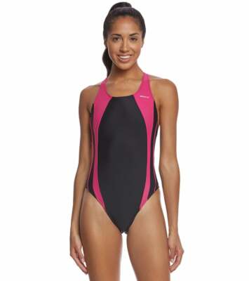 Sporti Piped Splice Wide Strap Swimsuit Black/Hot Pink one piece SZ28