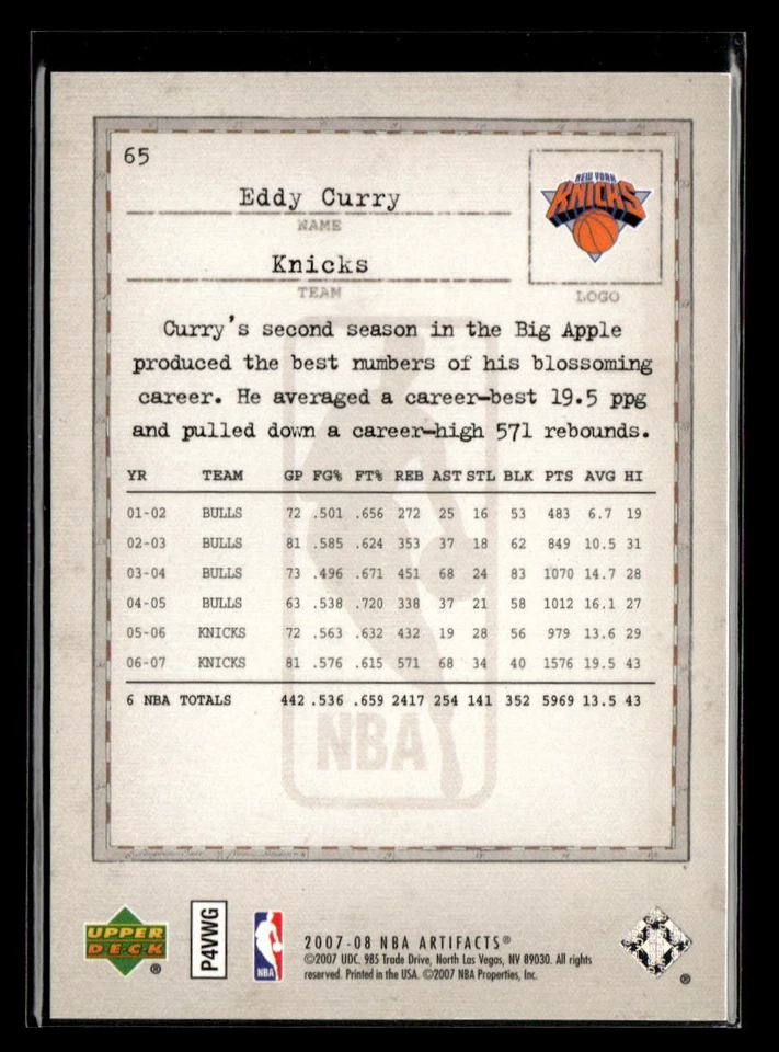 Eddy Curry 2007-08 Upper Deck Artifacts #65 Gold /100 New York Knicks - Image 2 of 2