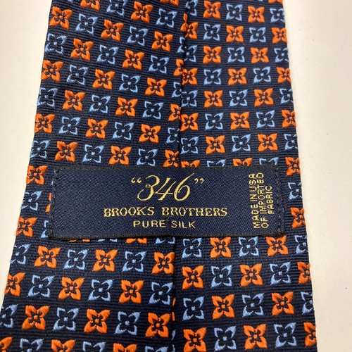 BROOKS BROTHERS 346 Necktie Mens Navy Blue with Orange/Light Blue Geometric Tie - Picture 3 of 8