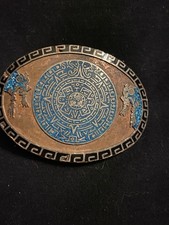 VTG 1974 Bergamot Brass Works Mayan Aztec Calendar Belt Buckle, Round, USA Made