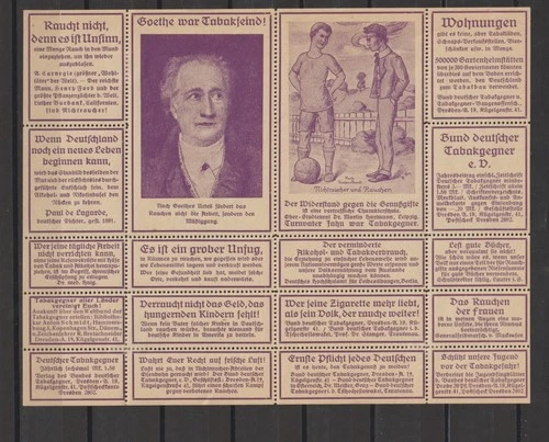 German Poster Stamp Anti Tobacco Block of 18