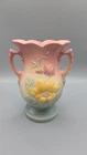 Vintage Hull Magnolia Double Handle Vase 6 1/2” USA Pink Blue Yellow Repaired