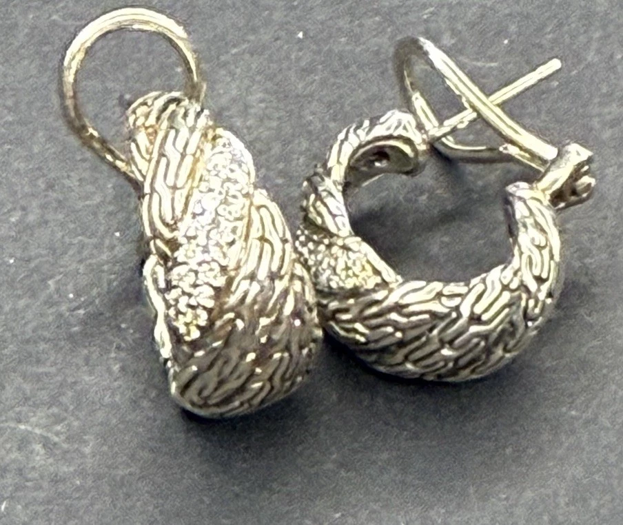 John Hardy Classic Chain Twisted Silver Diamond Hoop Earrings Sterling - Image 4 of 4