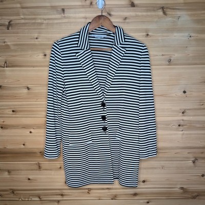 Misook Black White Striped Knit Blazer Longline Button Front Jacket Medium