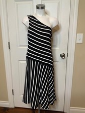 Lauren Ralph Lauren Black White Striped One Shoulder Fit & Flare Dress, Size M