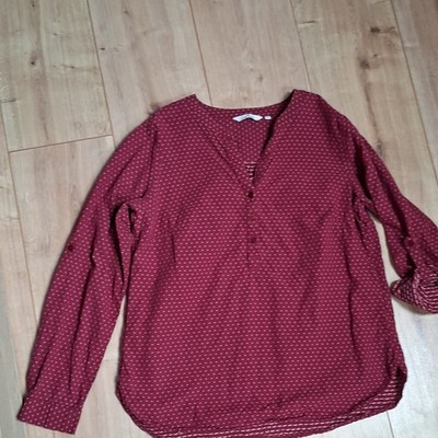 TOM TAILOR Damen Bluse 38 bordeaux gepunktet V-Ausschnitt Langarm Knopf