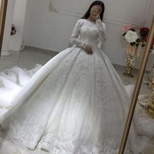 Princess Long Sleeve Wedding Dresses Lace Appliques High Neck Bridal Ball Gowns