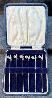 Antique Art Deco Hallmarked Silver Cockerel Cocktail Spikes (Adolph Scott)(1932)
