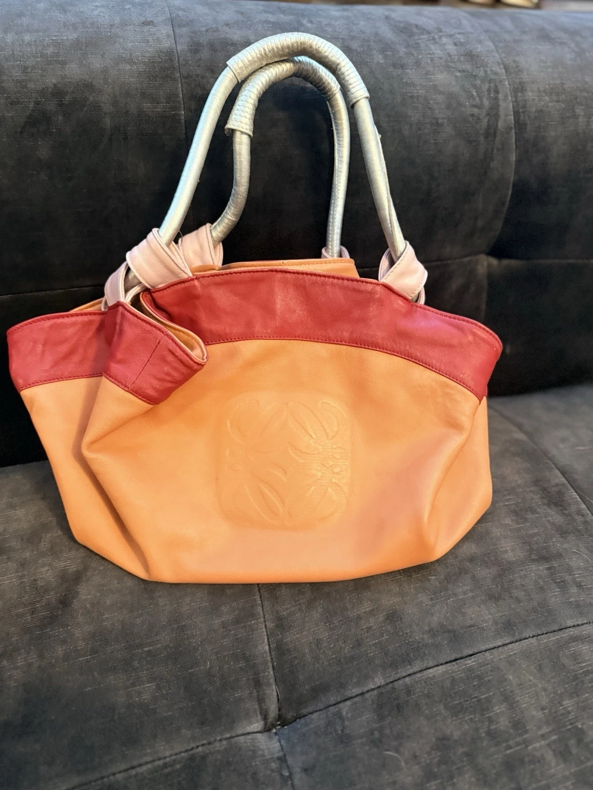 Loewe — LOEWE ORANGE RED PINK SILVER LAMBSKIN NAPPA AIRE TOTE HANDBAG - Rare.