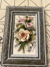 SWEET CAPODIMONTE ITALIAN PORCELAIN ROSE FLOWER HANDMADE 3D FRAMED ART PICTURE