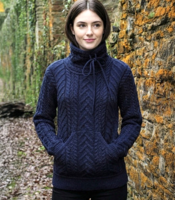 Aran Crafts Women's Draw String Sweater Sz XXL Navy Merino Wool Cable Knit Irish