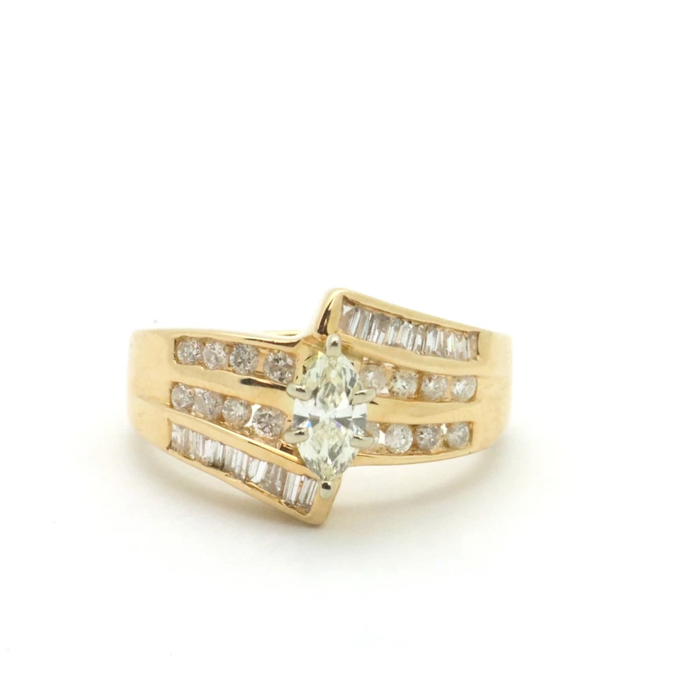 14K Gold Marquise Diamond & Round and Baguette Engagement Ring. 3/4 CTW, Vintage - Image 2 of 4