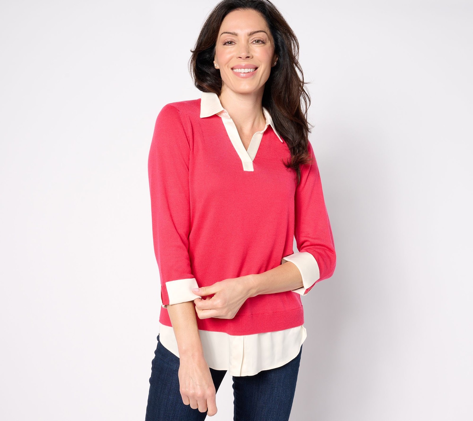 Isaac Mizrahi Live! Women's Top Petite Sweater PL Split Neck fer w / Pink