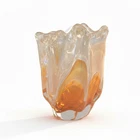 Heavy Murano Style Art Glass Vase Amber White Ruffle Handkerchief