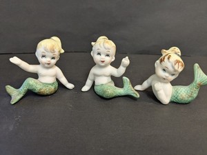 VTG Baby Face Ponytail Mermaid Set Of 3 Ceramic Bisque Japan Figurine.