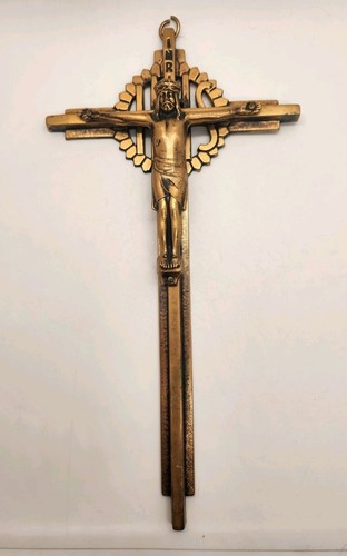 Vintage Heavy Brass Jesus Christ Crucifix Cross Wall Hanging INRI 10"