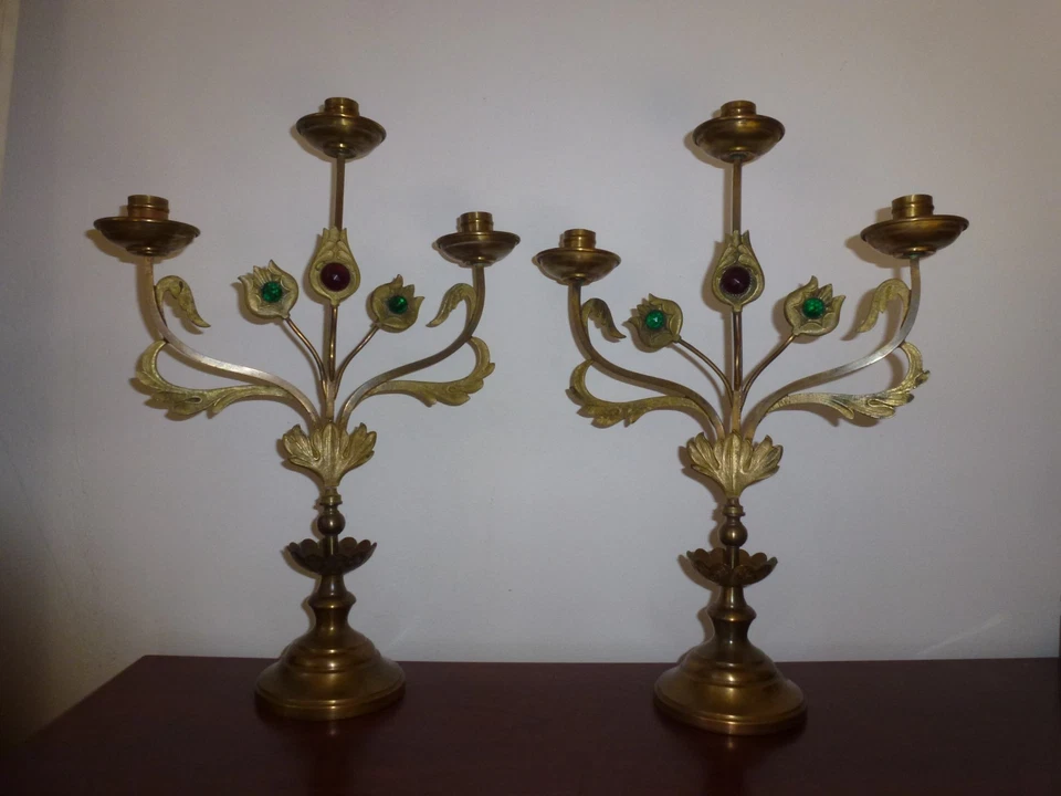 Ancien Chandelier Art Nouveau Eglise Fleur Tulipe Bronze Old Candlestick Church - Photo 2/4