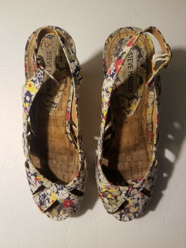 STEVE MADDEN Crazzy Floral Multicolor Fabric Cork Wedges 9.5 M PREOWN - Picture 3 of 7