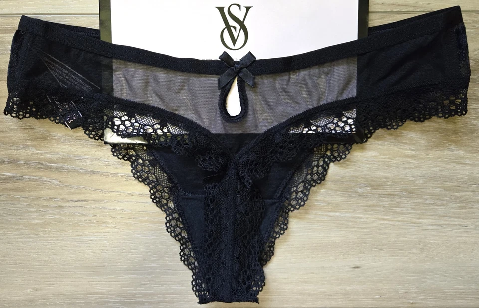 Victoria's Secret Muy Sexy Negro Lentejuelas Terciopelo Malla Cerradura Tanga Lazo Bragas S Foto 2 de 3