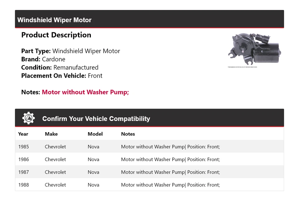 Para Chevrolet Nova 1985-1988 Limpiaparabrisas Motor Delantero Cardone 1986 1987 Foto 2 de 4