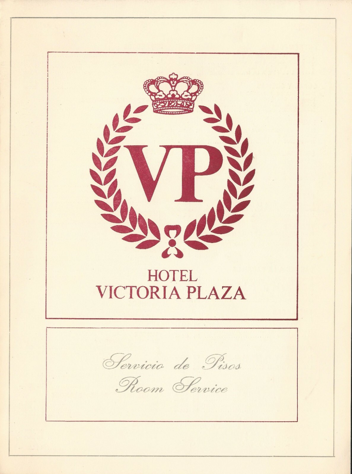 Vintage VICTORIA PLAZA Hotel Restaurant Menu 