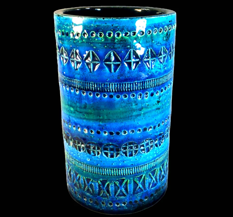 WONDERFUL, LARGE ALDO LONDI for BITOSSI CYLINDRICAL RIMINI BLU HAND PAINTED VASE - Image 2 of 4