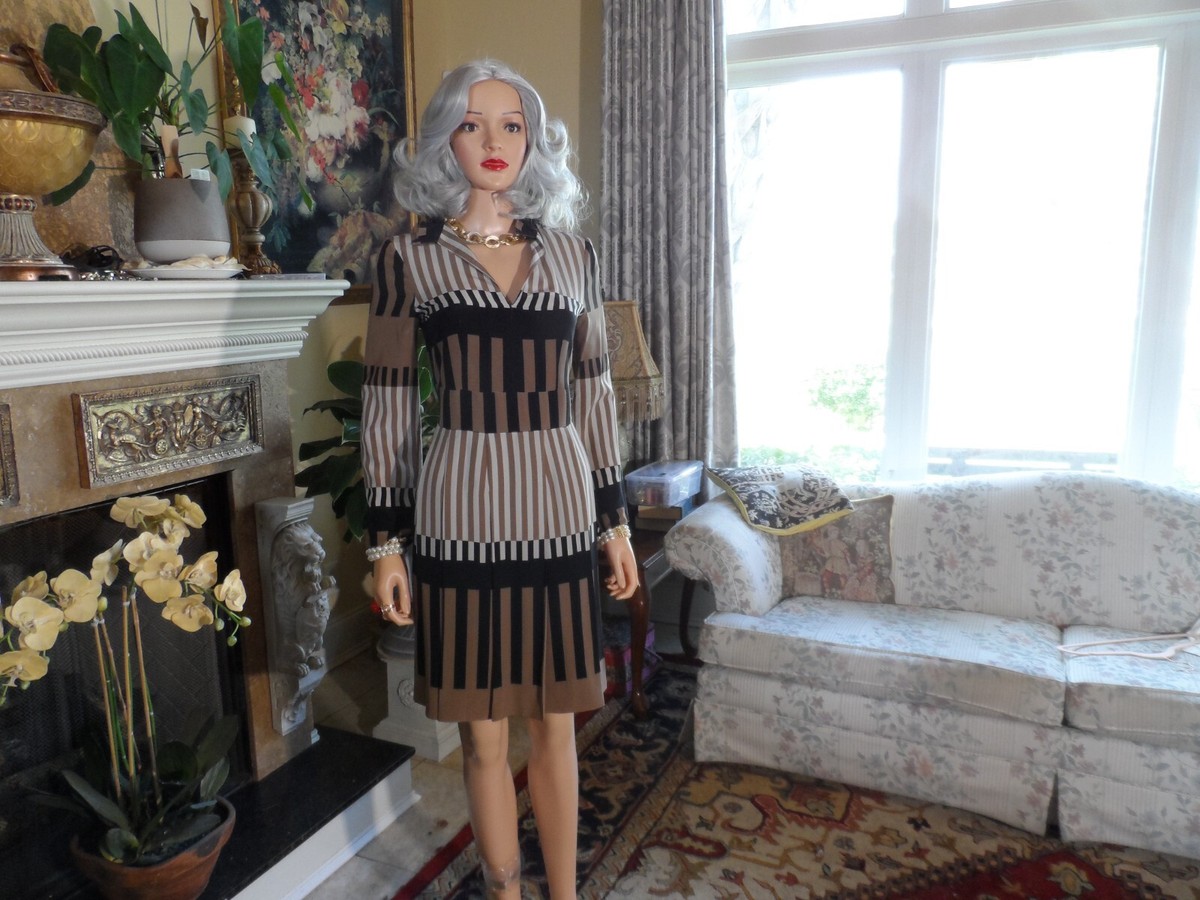Marni Brown-Beige Striped 100% Silk Pleated Dress w/V