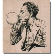Mounted Rubber Stamp, Man Blowing Up Balloon, Fun, Retro, Party,Gentleman,Person