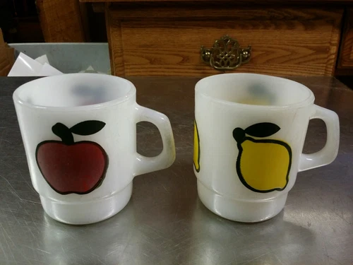 Lot of 2 Vintage Fire King Stackable Fruit Mugs, Apple & Lemon