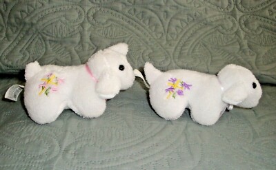 Two Miniature Terry Cloth Lamb Plush Toys with Pink & Purple Stitched Design