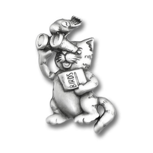 Chelsea Pewter Jewelry - Bird Watching Cat with Binoculars Pin - Picture 1 of 1