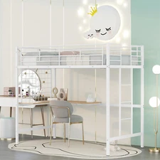 Twin/Full Size Metal Loft Bed Metal Bed Frame with L-Shaped Desk White/Black
