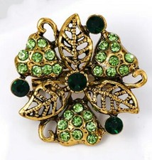 Vintage Style Green Crystal Rhinestone Flower Gold Tone Metal Brooch Pin 1.2?