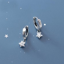 Lovely Tiny Dangle Star 925 Sterling Silver Huggie Hoop Temperament Earrings