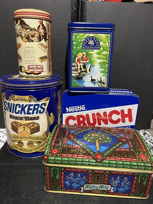 Lot Of 5 Candy Bar tin containers Snickers Baby Ruth Almond Joy Crunch Milky Way