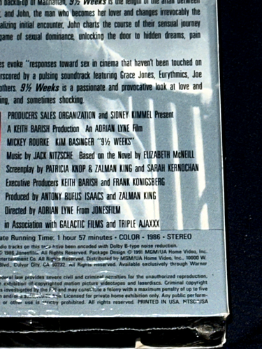 9 1/2 WEEKS VHS TAPE FACTORY SEALED MOVIE MGM/UA M800973` - Picture 10 of 12