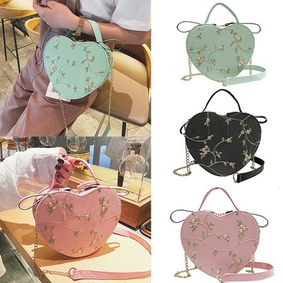Women Lace Embroidery Heart Shape Shoulder Crossbody Bag PU Leather Handbag