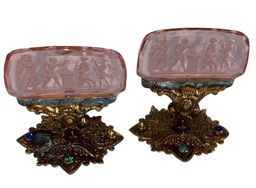 10 Antique Czech Intaglio Glass Place Card Holders Gold Tone Jeweled Bases - Picture 8 of 10