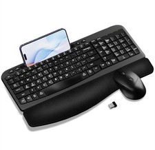 Wireless Keyboard Mouse Combo Wave Keys Ergonomic Cushioned Palm Rest Black