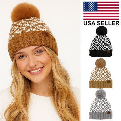 C.C Exclusive Women Winter Soft Ribbed Diamond Pattern Beanie Hat with Fur Pom