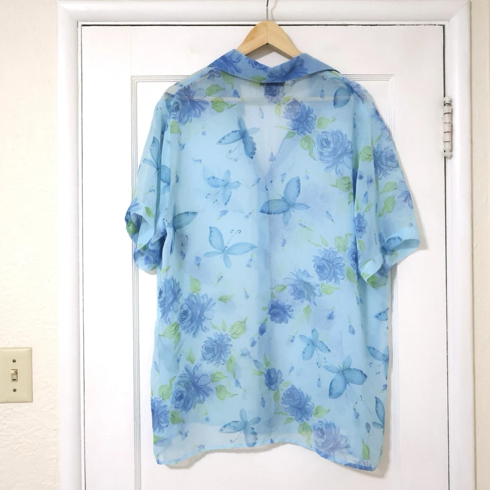 Vintage Notations Blue Pastel Butterfly Sheer Button Up Shirt 1X 90s y2k - Image 2 of 4