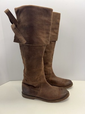 Frye Celia Brown Leather Tall Riding Boots Women s Size 9B Fold Over Knee High