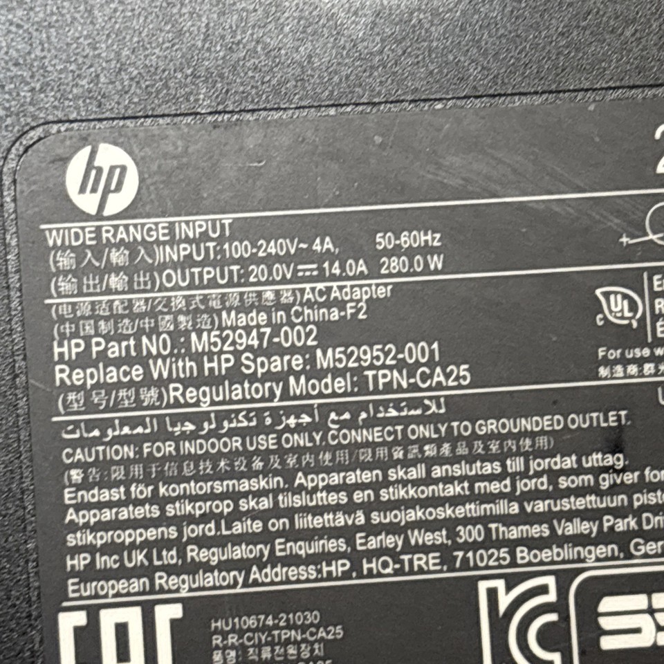 Alimentatore Originale Hp 280w Tpn-da25 M52947-003 M52952-001 20v 14° Zbook