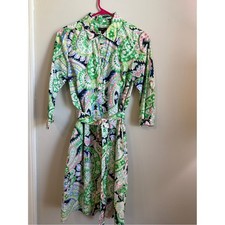 Talbots 6P Green, Pink & Navy Paisley Midi Shirt Dress w/Tie Belt & Pockets