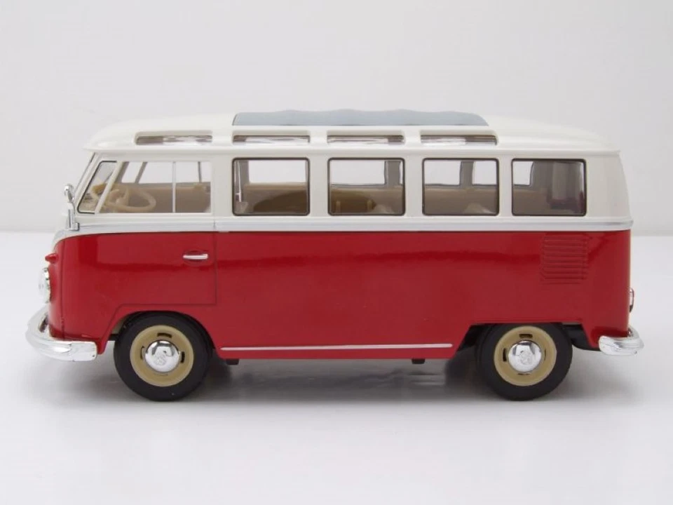 VW Clásico Samba Bus T1 1963 Rojo Blanco Modelo De Coche 1:24 Welly - Imagen 3 de 4