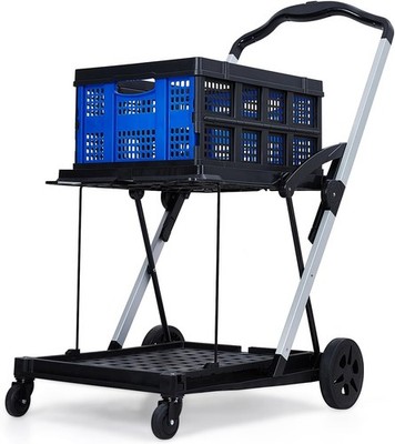 2-Tier Collapsible Shopping Cart Foldable Grocery Wheels Removable Storage Crate
